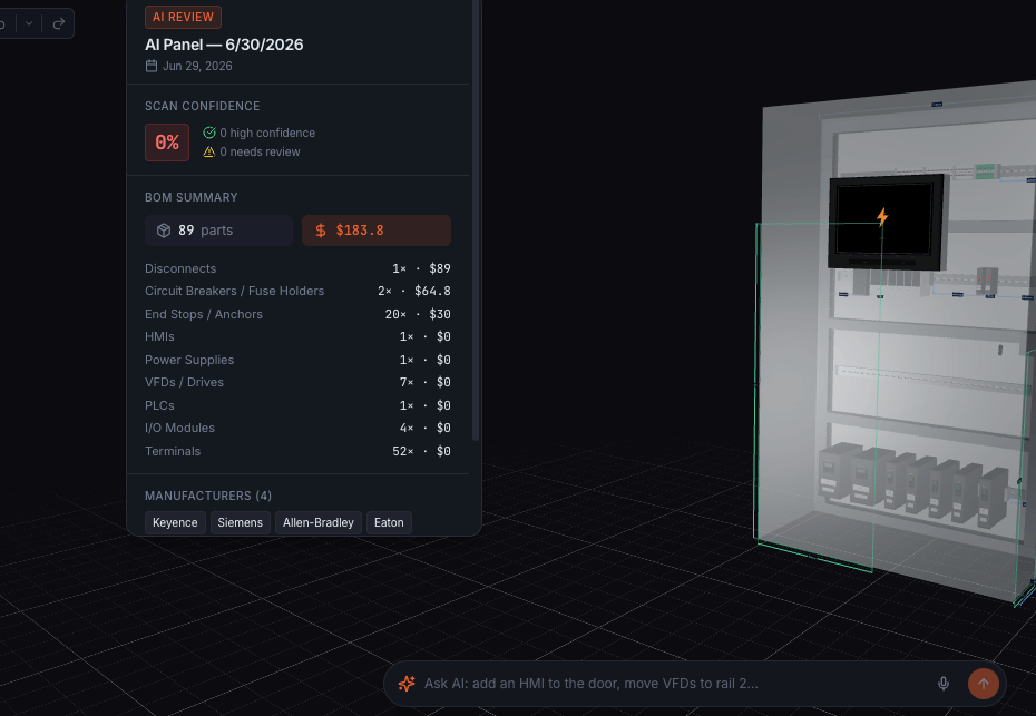 Crop of Botics PanelPro: the AI review card showing a scan confidence of 0 percent above a BOM summary, and an Ask AI prompt bar at the bottom.