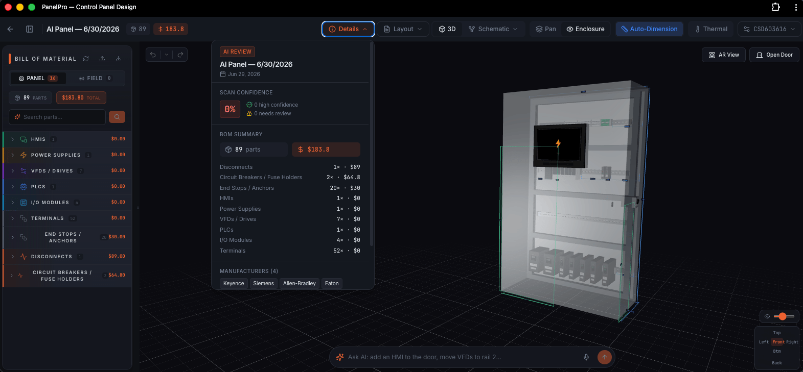 Botics PanelPro as published on botics.ai: a dark window with a bill of materials by category on the left, an AI review panel, a 3D control panel, and an Ask AI prompt bar.