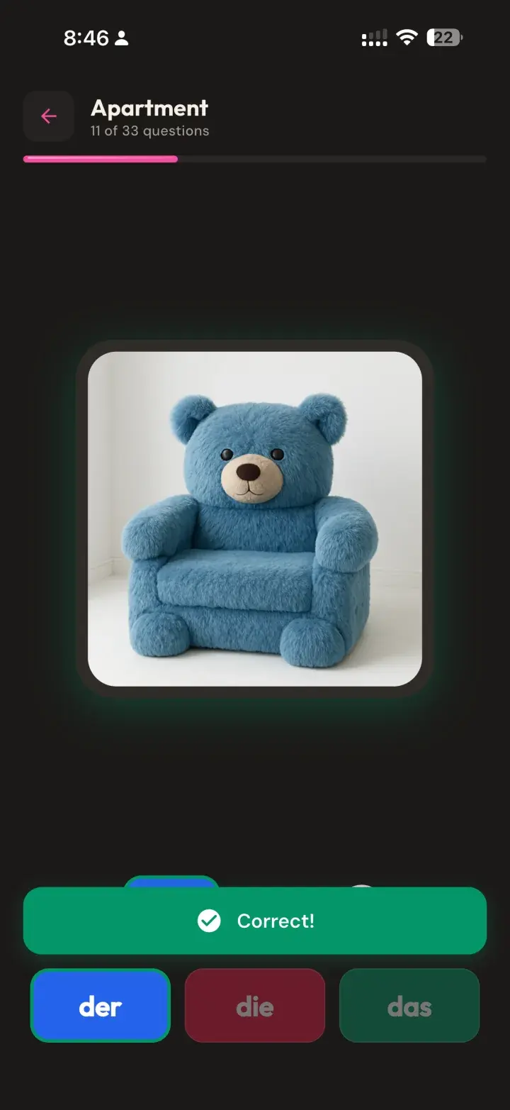 A product specimen showing the fixed-color article system and immediate correct-answer feedback.